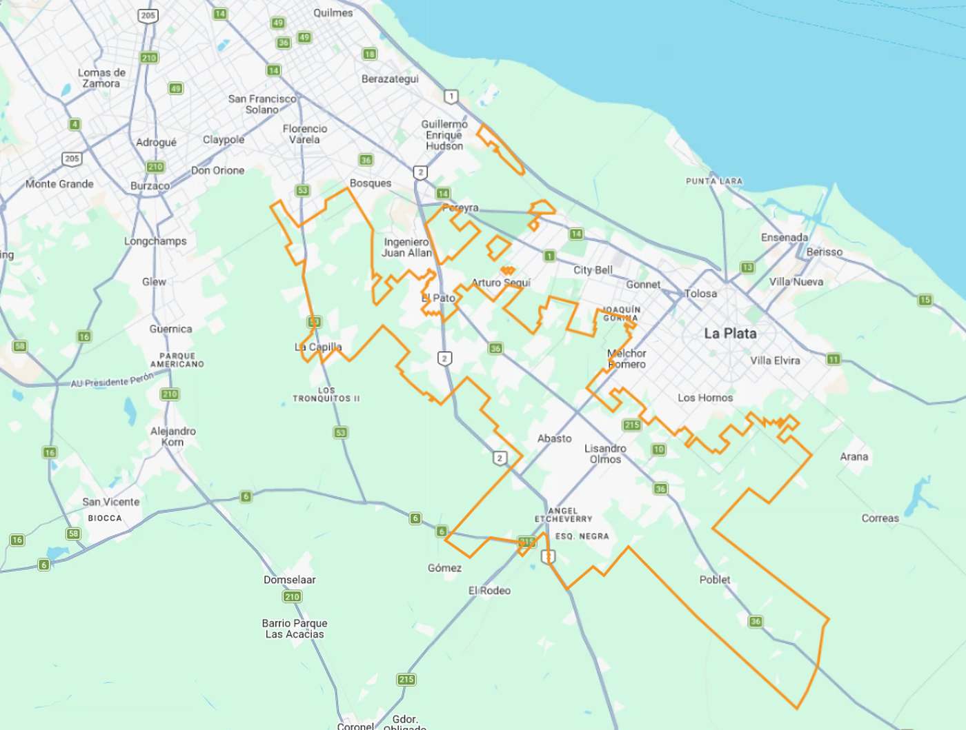 La delimitación de la zona estudiada por Brián Covaro en su atlas del cinturón frutihortícola de La Plata