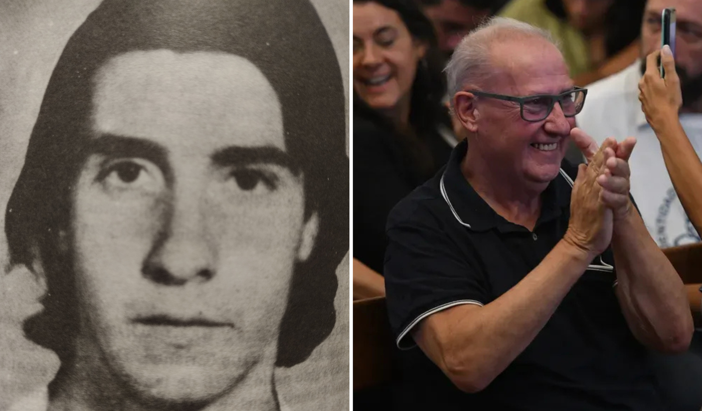 Pablo Díaz adolescente, al momento de ser secuestrad, y 48 años después celebrando las condenas a sus captores en el Juicio Brigadas