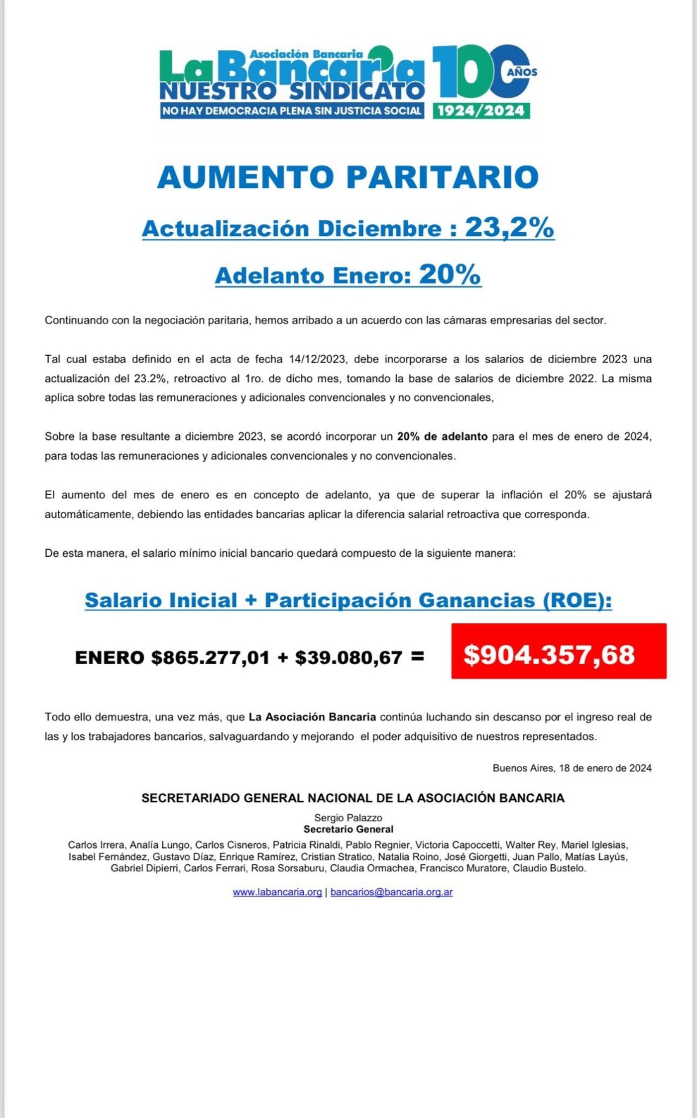 El anuncio de La Bancaria acerca de la actualización de las paritarias. El anuncio de La Bancaria acerca de la actualización de las paritarias.