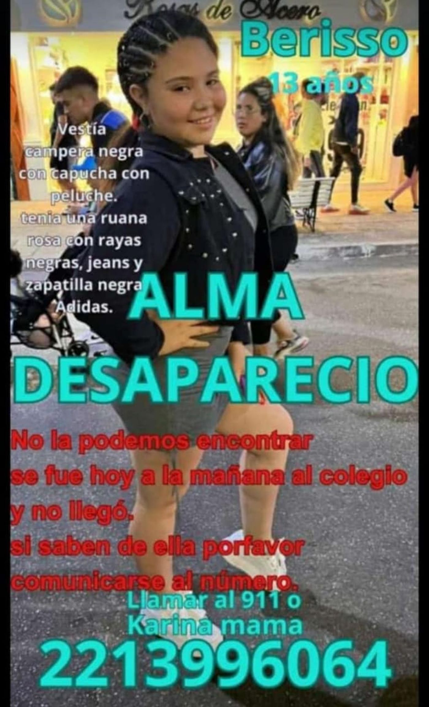 Alma tiene 13 años, es de Berisso y la última vez que la vieron se encontraba en La Plata, en el cruce de 1 y 60.
