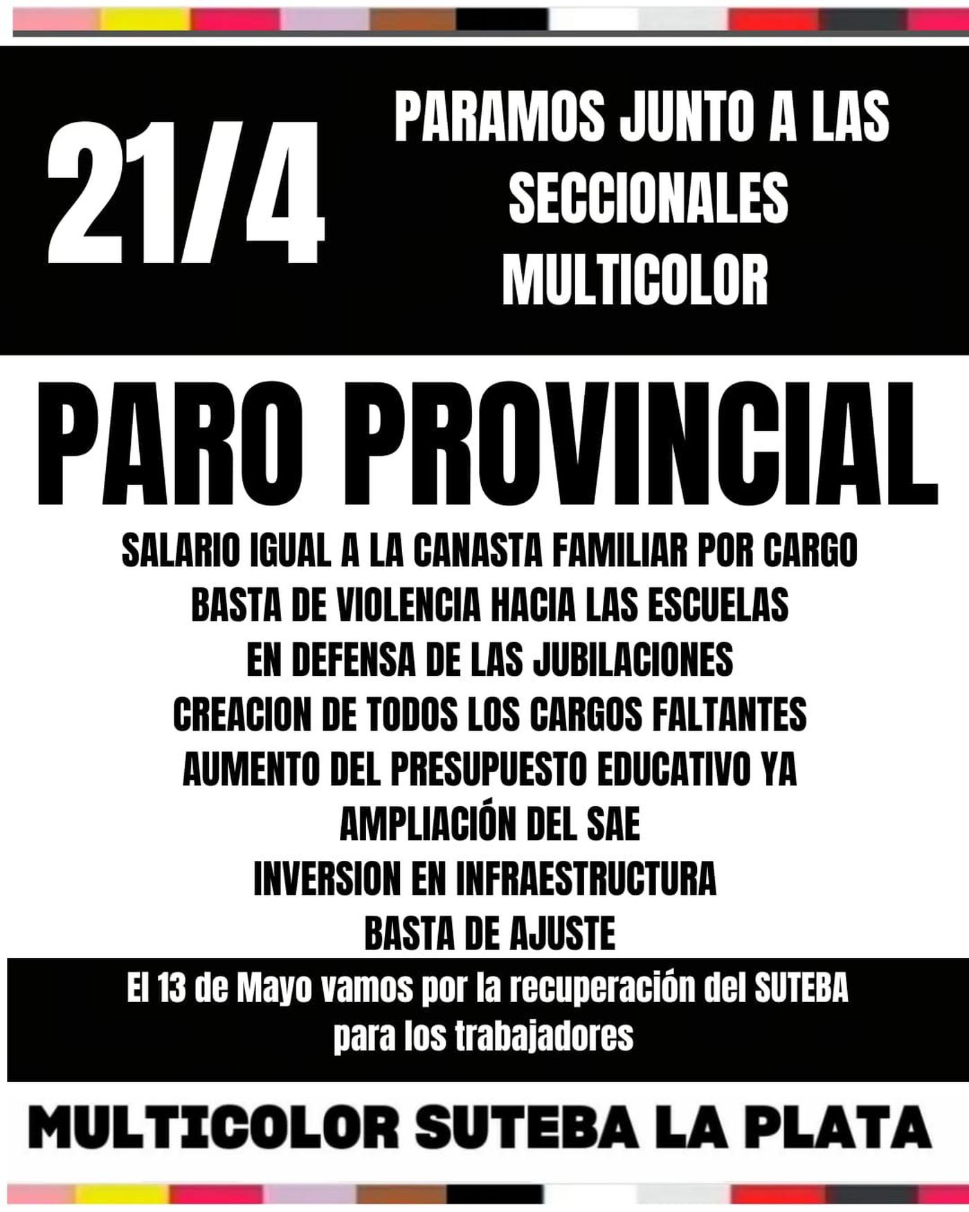 El paro docente convocado por Suteba Multicolor tendr&aacute; lugar este martes 21 de abril