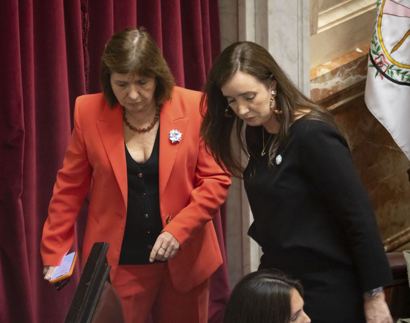 Patricia Bullrich y Victoria Villarruel durante la sesión en la que se aprobó el pliego que el gobierno quería retirar
