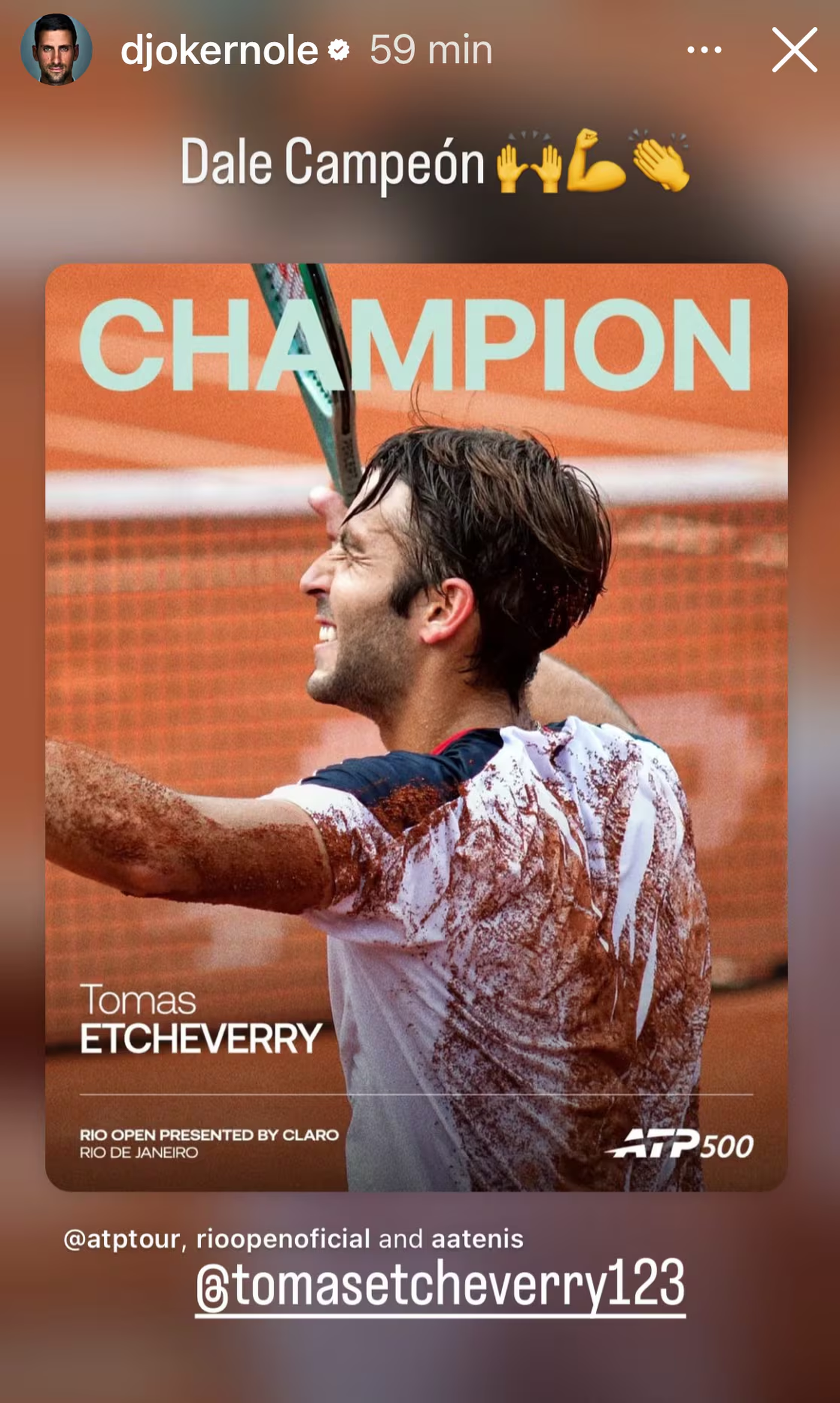 La publicación de Novac Djokovic por el campeonato de Tomás Etcheverry