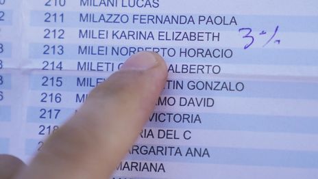 Escribieron un 3% al lado del nombre de Karina Milei en el padrón de la puerta de su colegio