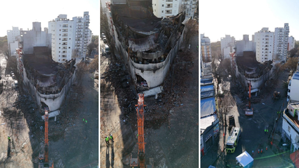 Desde el aire, la demolición mecánica del depósito incendiado de diagonal 77