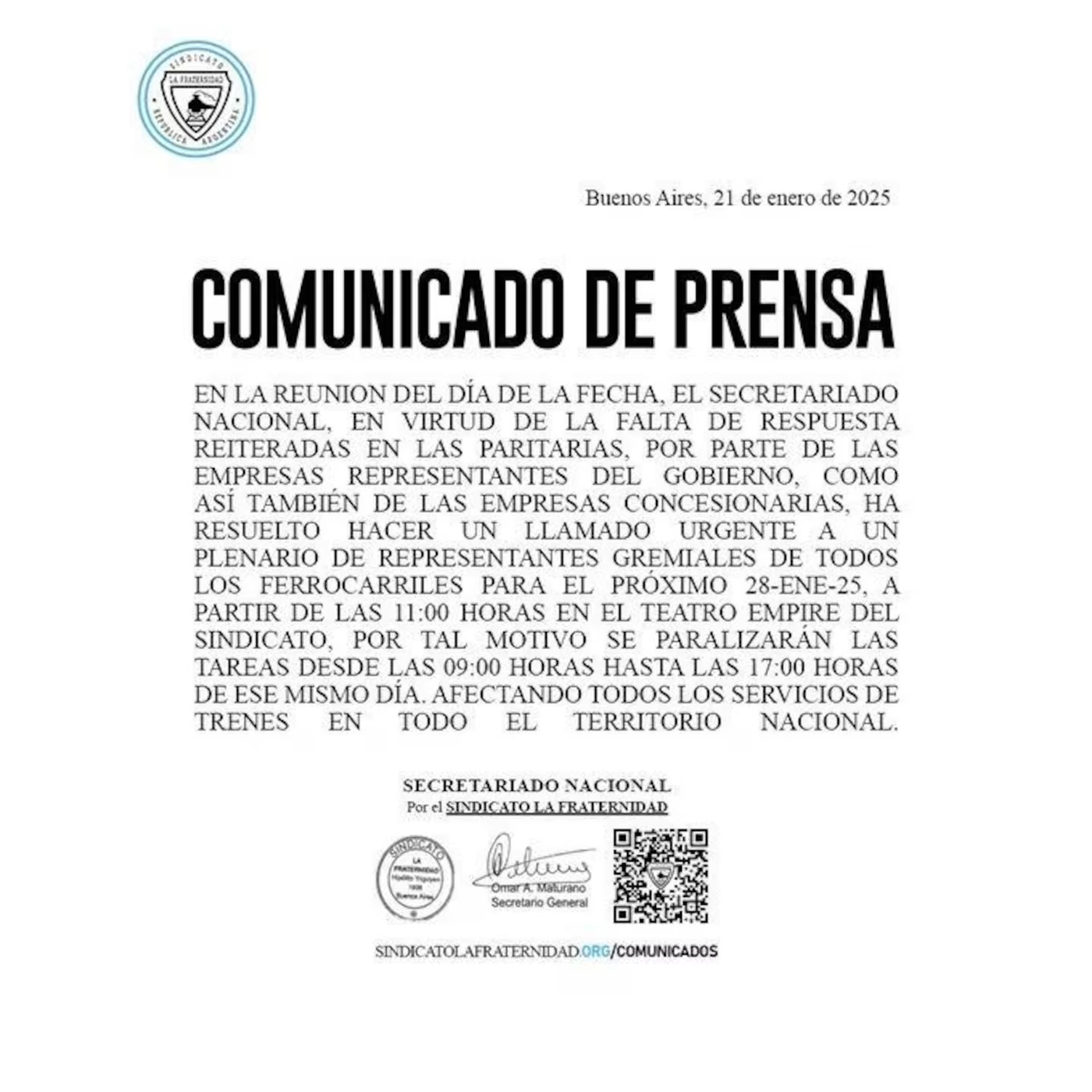 El comunicado de La Fraternidad que confirmó el paro de trenes.