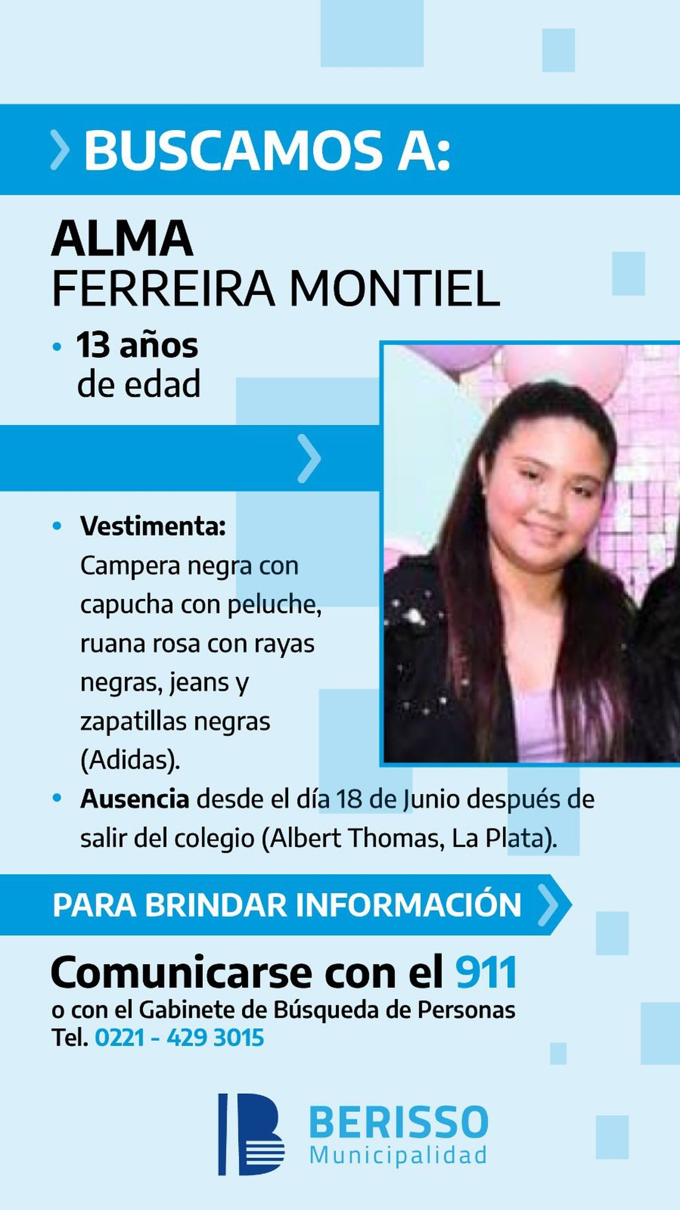 La Municipalidad de Berisso compartió datos para ayudar en la búsqueda de la adolescente.