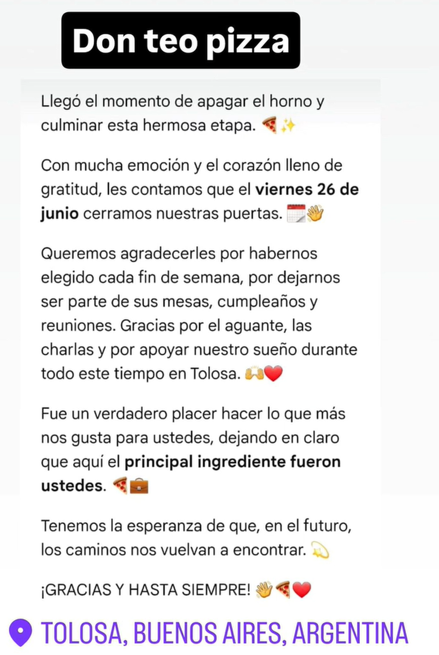Otra pizzería de La Plata anuncia en sus redes que cierra su local