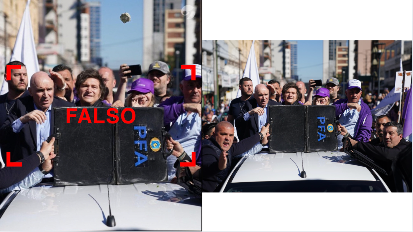 A la izquierda, la foto falsa que circula con la piedra suspendida en el aire; a la derecha, la foto verdadera publicada por Clarín