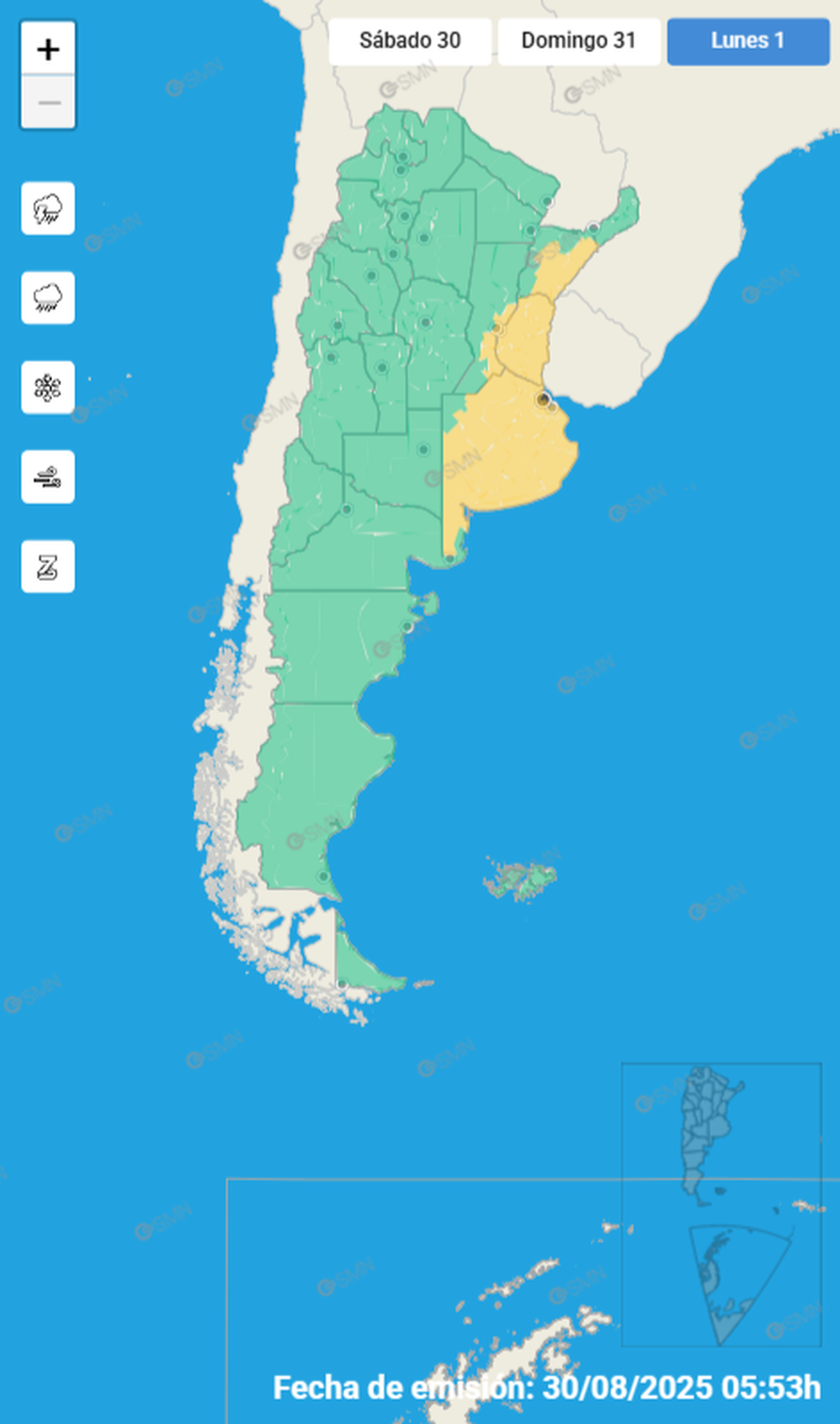 El alerta amarillo del Servicio Meteorológico Nacional para el lunes.