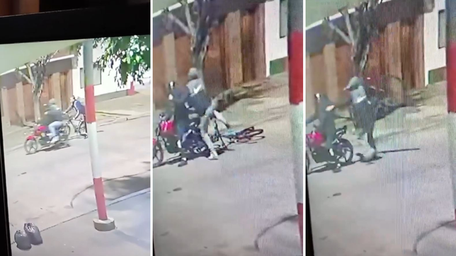me mostraron un chumbo: dos motochorros asaltaron a un ciclista en la plata y todo quedo filmado