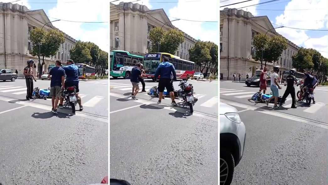 Cuatro motociclistas frenaron el tránsito en pleno centro de La Plata y se agarraron a piñas