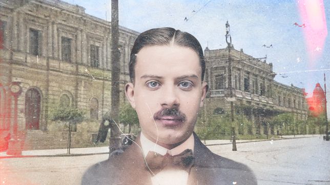 la plata vista como un hombre de traje de gala y zapatillas