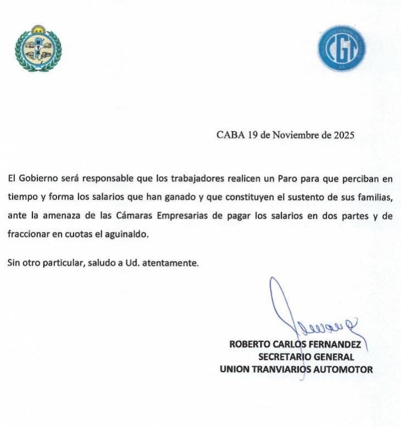 El comunicado de la UTA firmado por su Secretario General, Roberto Fernández