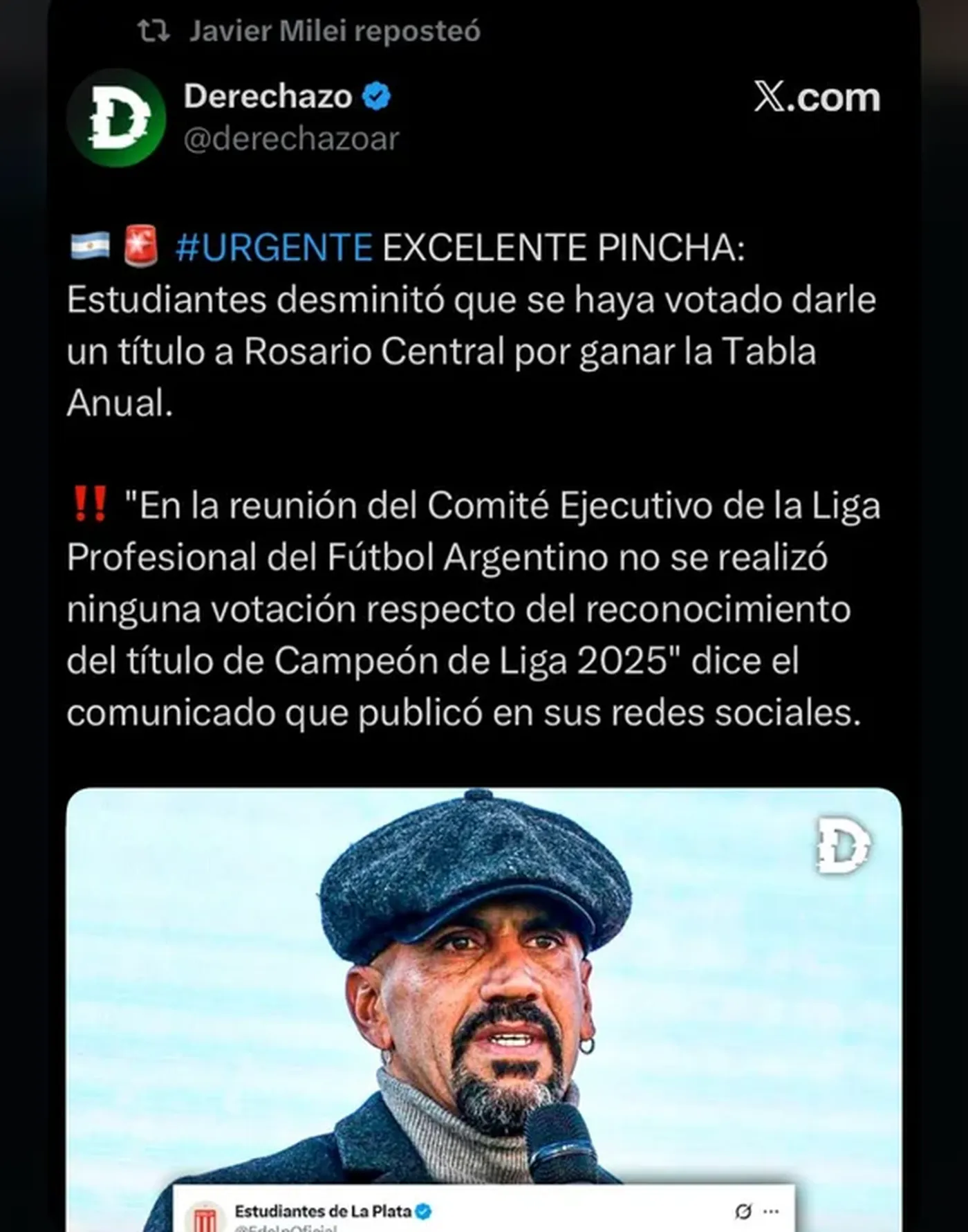 El reposteo de Javier Milei en X.