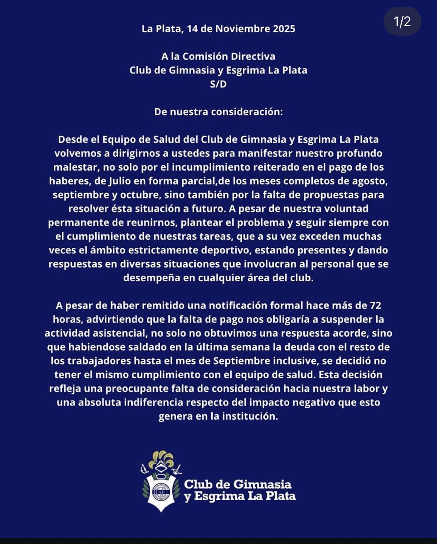El comunicado del área de salud de Gimnasia pidiendo por sus salarios.