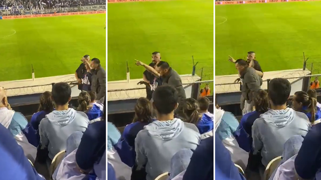 escoltado y entre dos, asi sacaron al hincha de gimnasia que agarro la camara de la tv en pleno partido