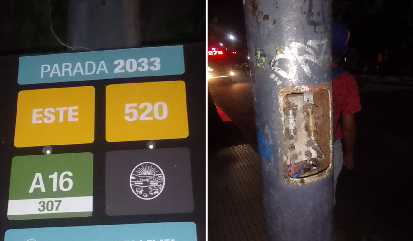 La parada de micros de 7 entre 56 y 57 de La Plata además es una luminaria y no tenía la tapa protectora