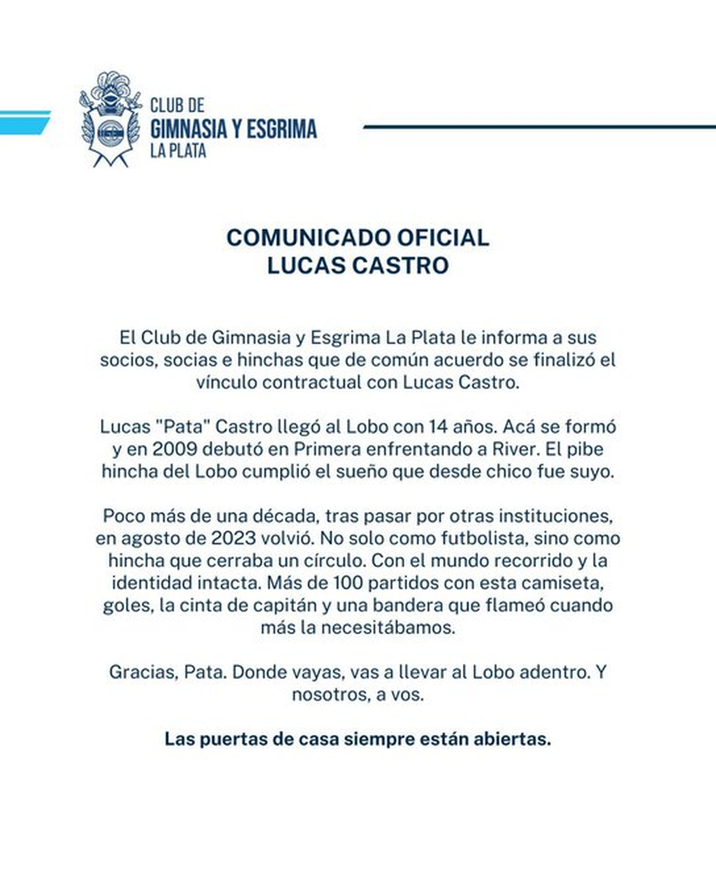 Gimnasia comunicó la salida de Lucas Castro.