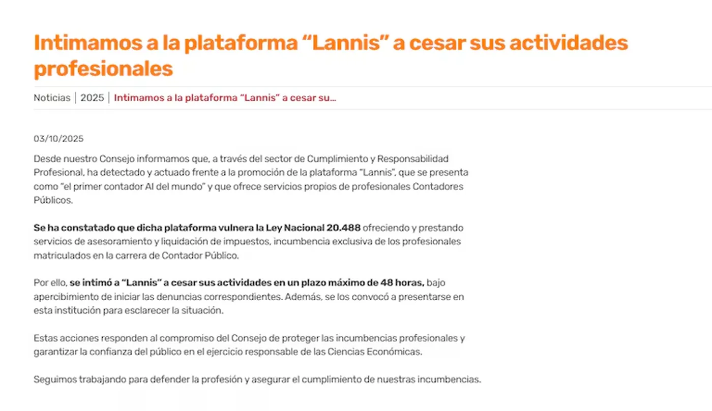 Los profesionales intimaron a la app que se promociona como un asistente contable con inteligencia artificial