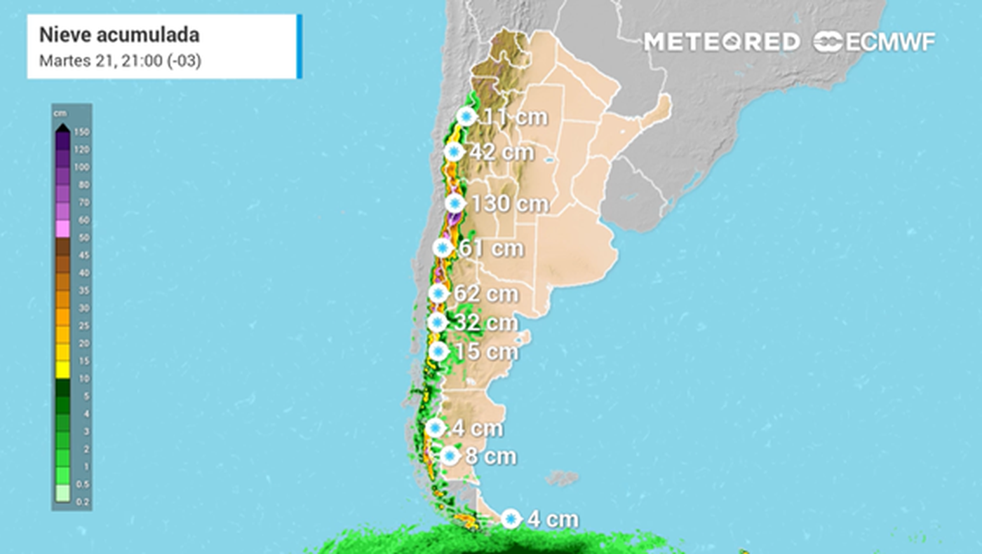Cantidad de nieve acumulada según Meteored. No hay pronóstico de nevadas para La Plata ni la región.