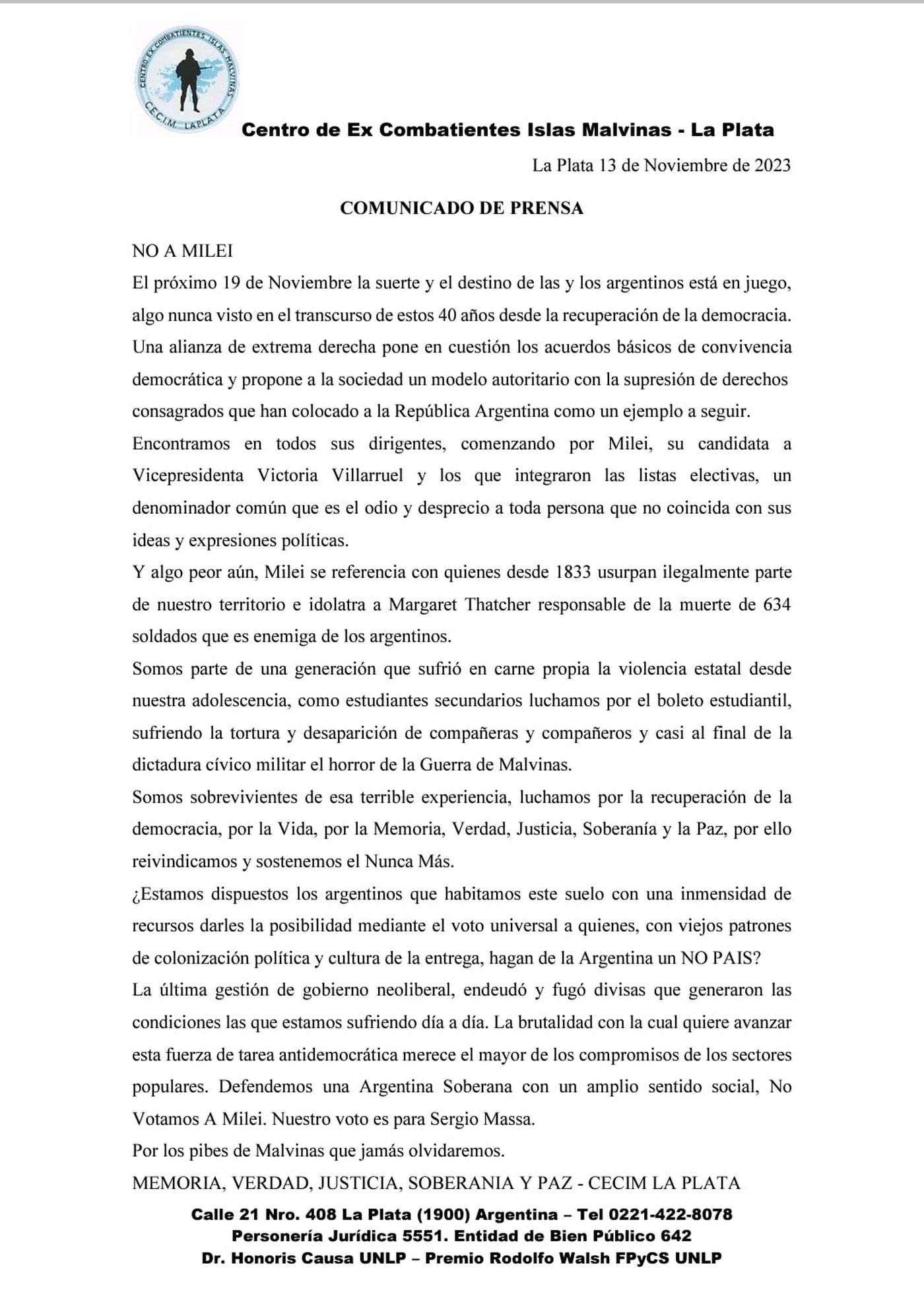 El comunicado de prensa de CECIM La Plata.