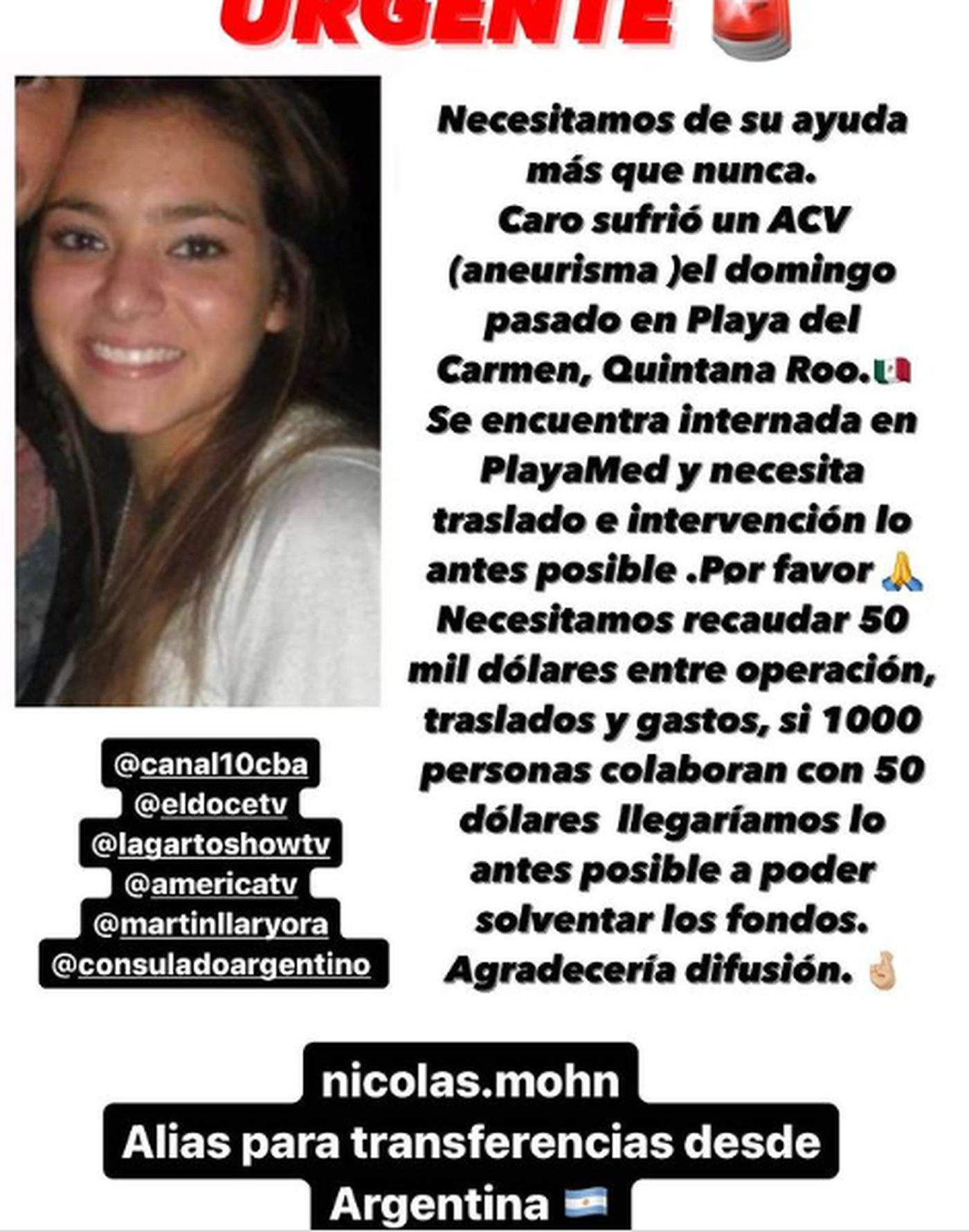 Uno de los post que realizaron para recolectar el dinero que necesitan para operar a Carolina en México.