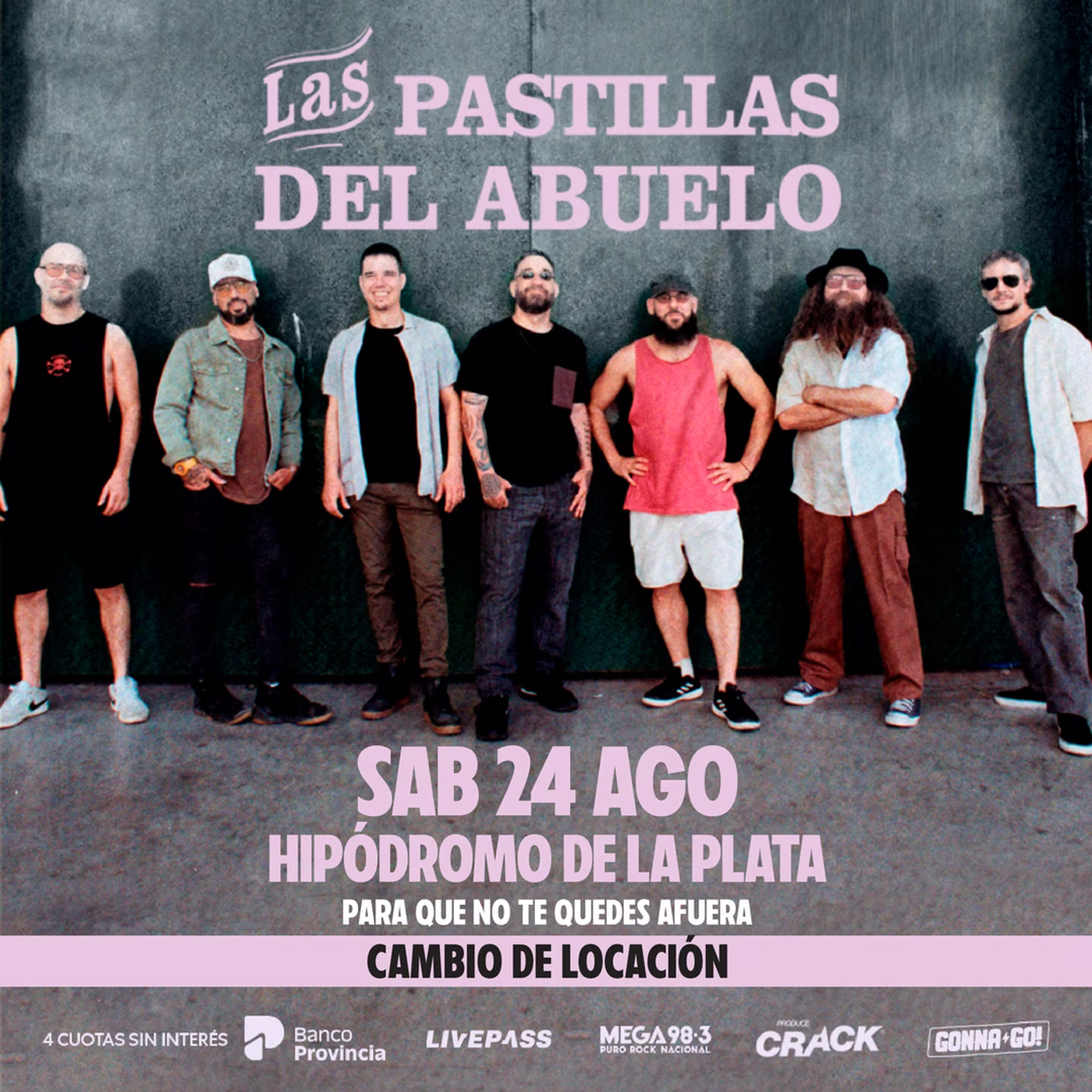 El flyer difundido por la productora Gonna Go para el recital de Las Pastillas del Abuelo en el Hipódromo de La Plata el próximo 24 de agosto.