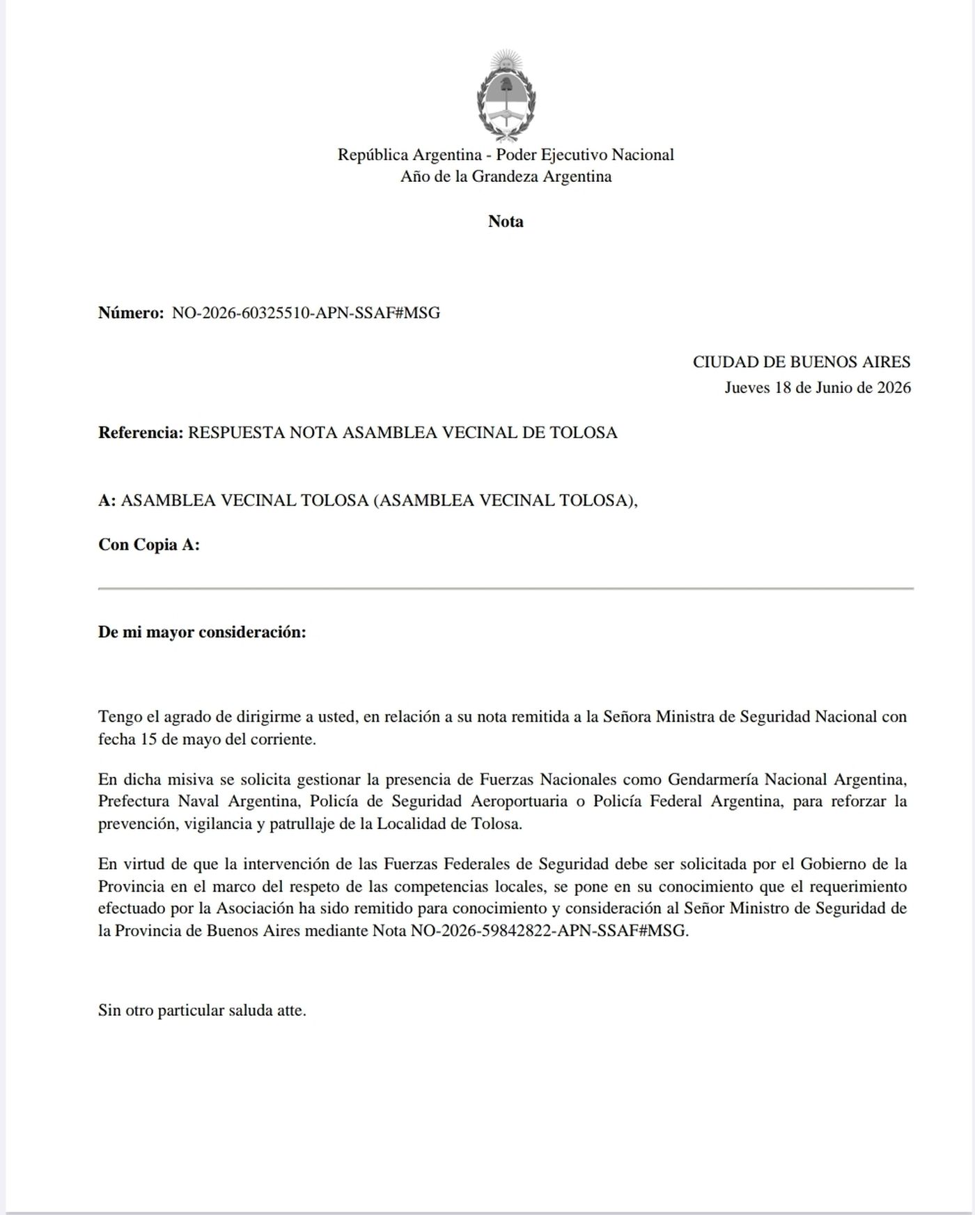Es la segunda carta de la Subsecretaría de Articulación Federal a la Asamblea Vecinal de Tolosa