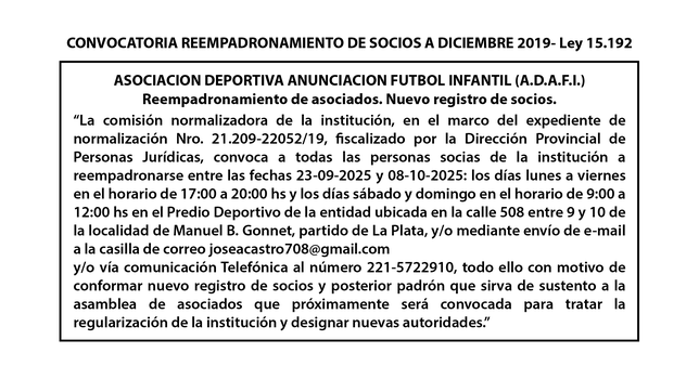 la adafi llama al reempadronamiento de socios a diciembre de 2019