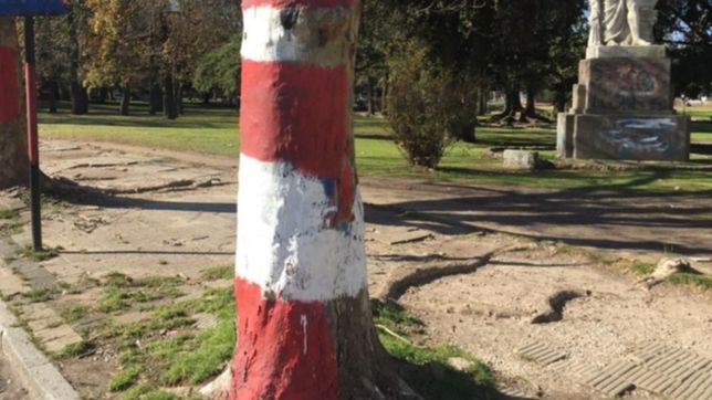 los arboles del bosque aparecieron pintados con los colores de estudiantes y gimnasia