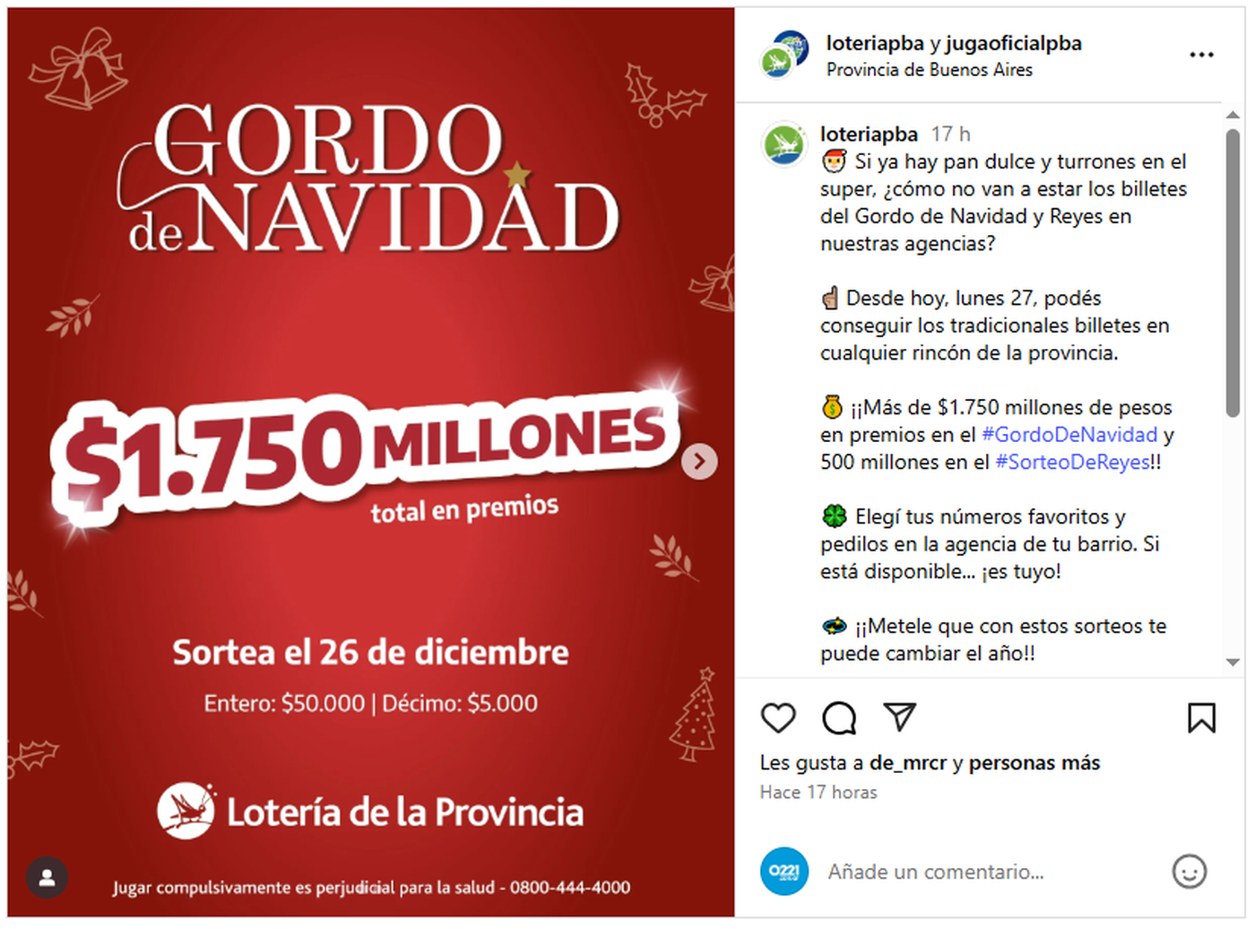 El sorteo del Gordo de Navidad repartirá más de $1.750 millones en premios