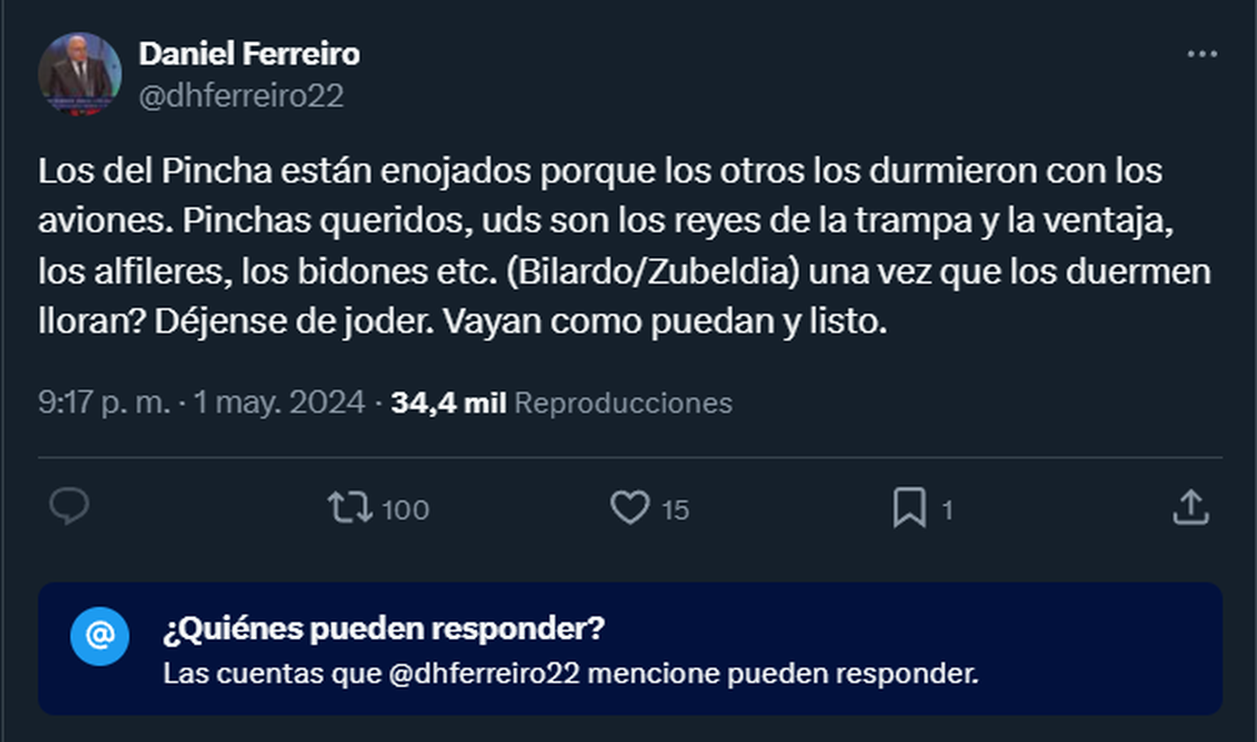 Uno de los tuis del dirigente relacionado con la AFA, contra Estudiantes y su gente.