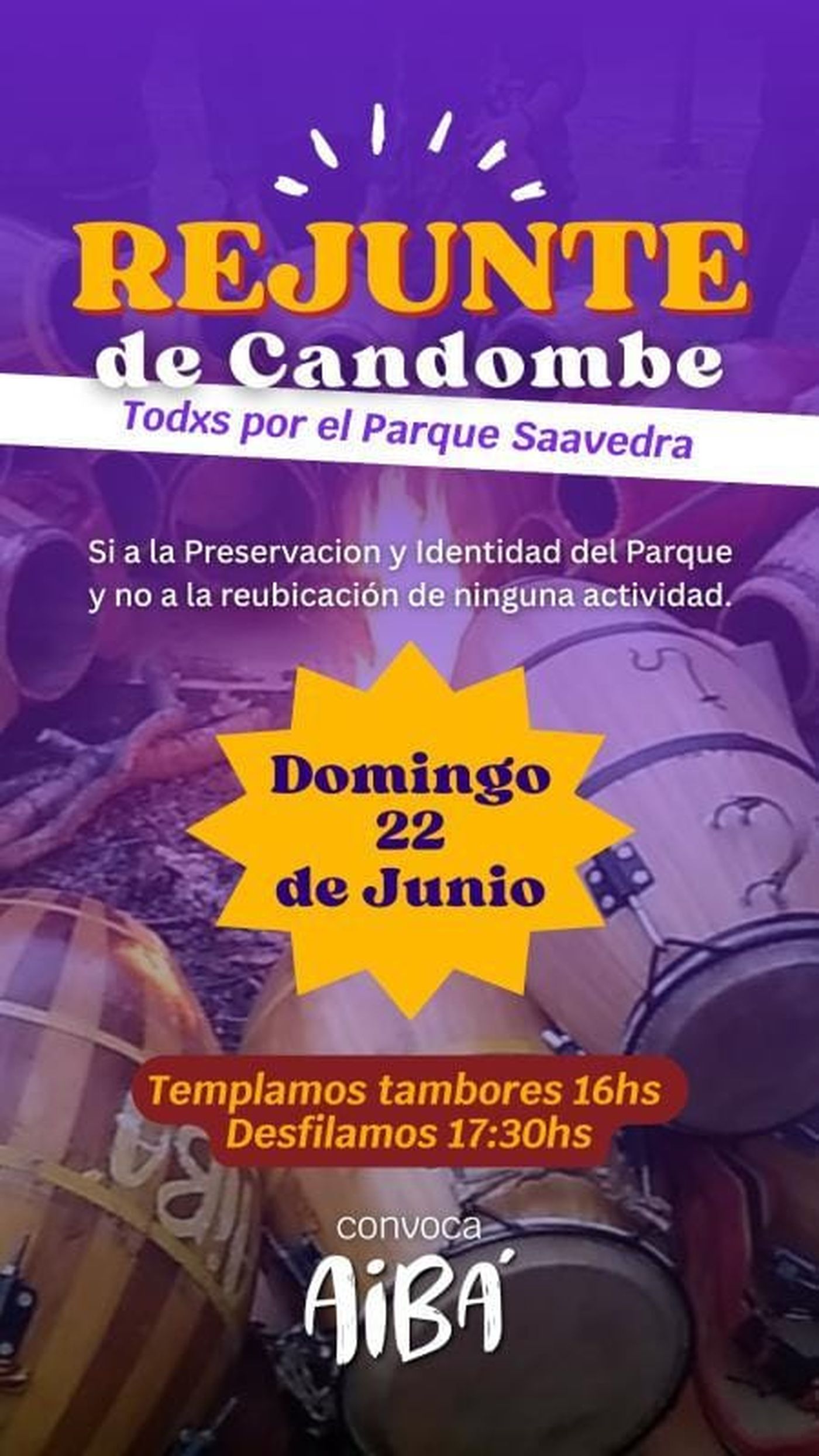 El anuncio del rejunte de candombe organizado para este domingo en Parque Saavedra.