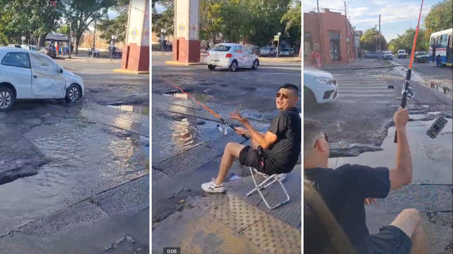 el video de un vecino que se puso a pescar para denunciar un gran bache en los hornos