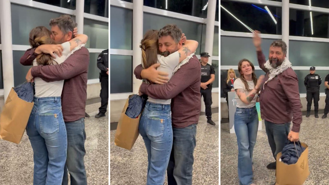 fundidos en un abrazo, cascote bertola y su hija manuela se reunieron en ezeiza y conmovieron a todos