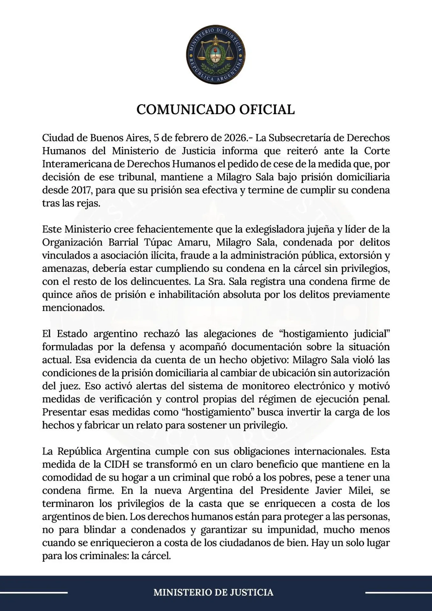 El comunicado del gobierno para que Milagro Sala pierda el beneficio de la prisión domiciliaria