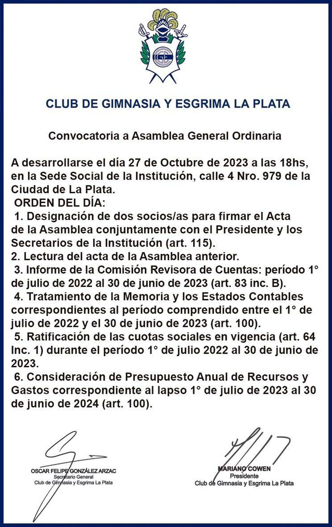 El orden del d&iacute;a de la Asamblea Anual Ordinaria de Gimnasia