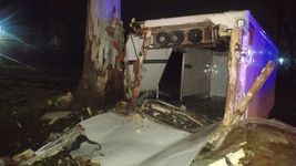 un camion frigorifico despisto, choco con un arbol y un hombre termino atrapado dentro