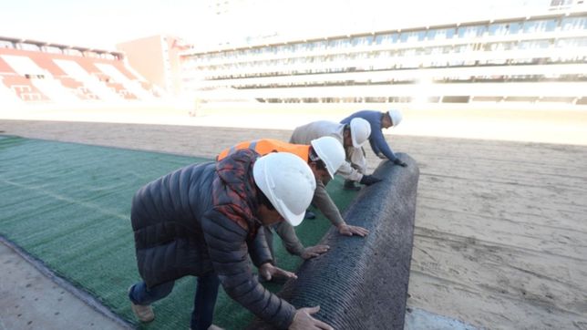 asoma el verde en el estadio pincha: las fotos de la colocacion del playmaster