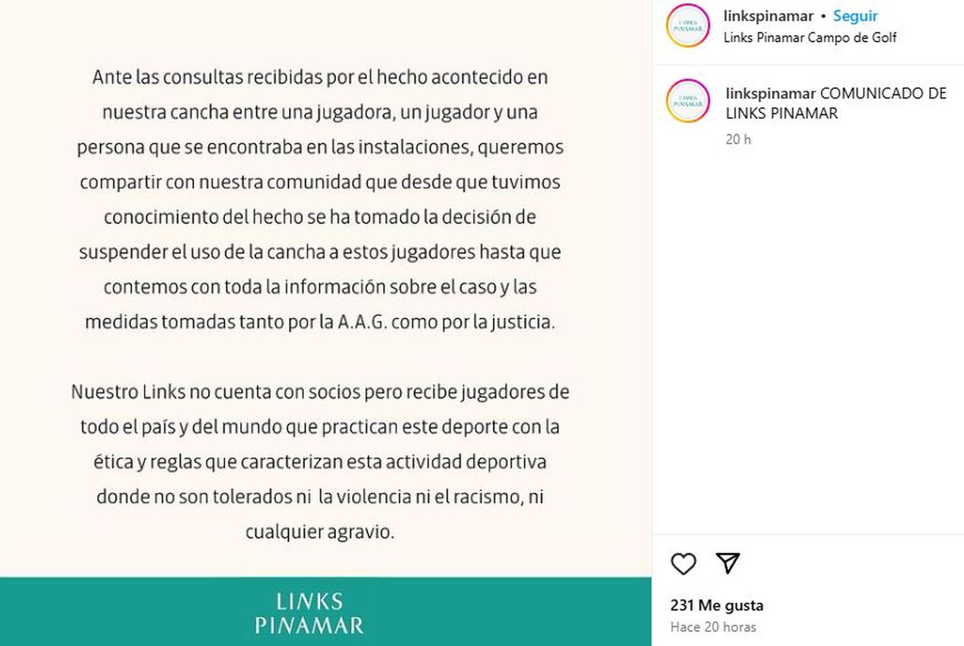 El comunicado del club de golf de Pinamar donde atacaron a la mujer de La Plata.