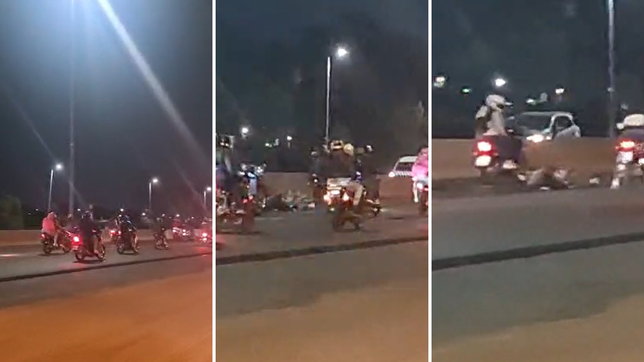 un motociclista cayo en medio de una caravana de motos en la autopista la plata - buenos aires