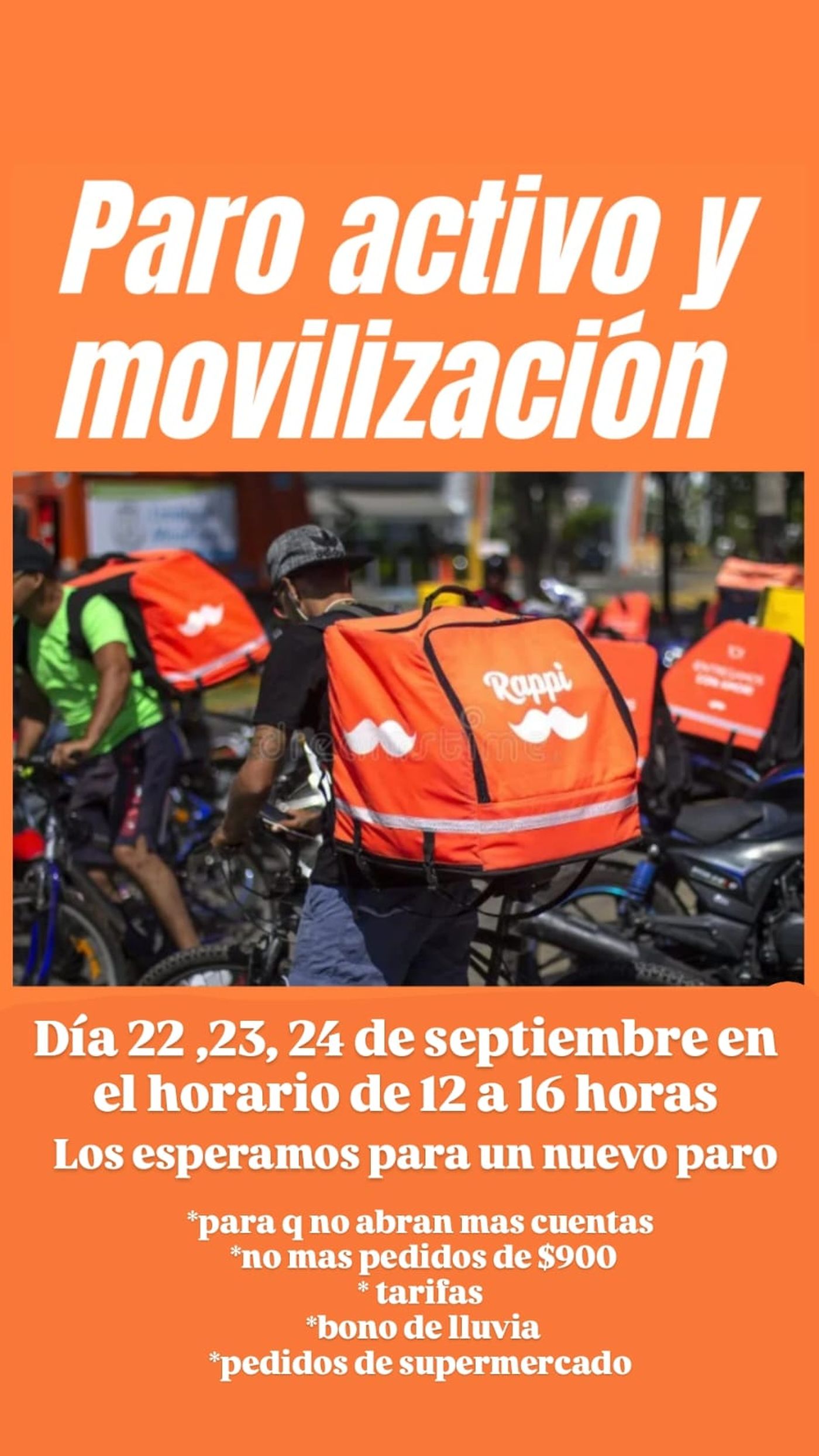 La imagen difundida por los repartidores independientes de Rappi que se movilizan en La Plata