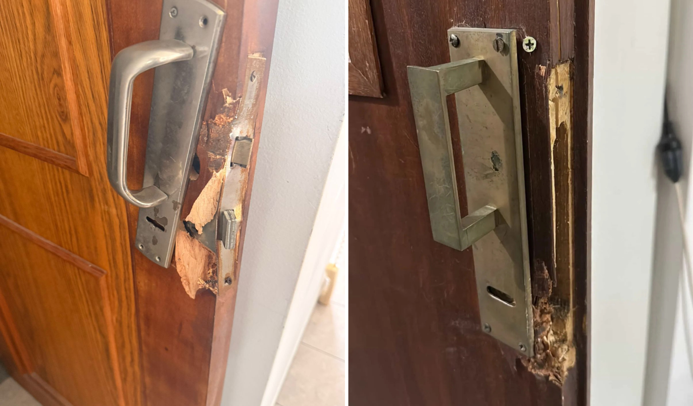 Así quedaron las cerraduras de los edificios de 45 entre 15 y 16 y de 43 entre 12 y 13. Los ladrones actuaron bajo el mismo modus operandi