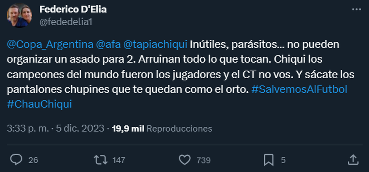 El tuit de Federico D'Elía respecto a la final Estudiantes vs. Defensa y Justicia.