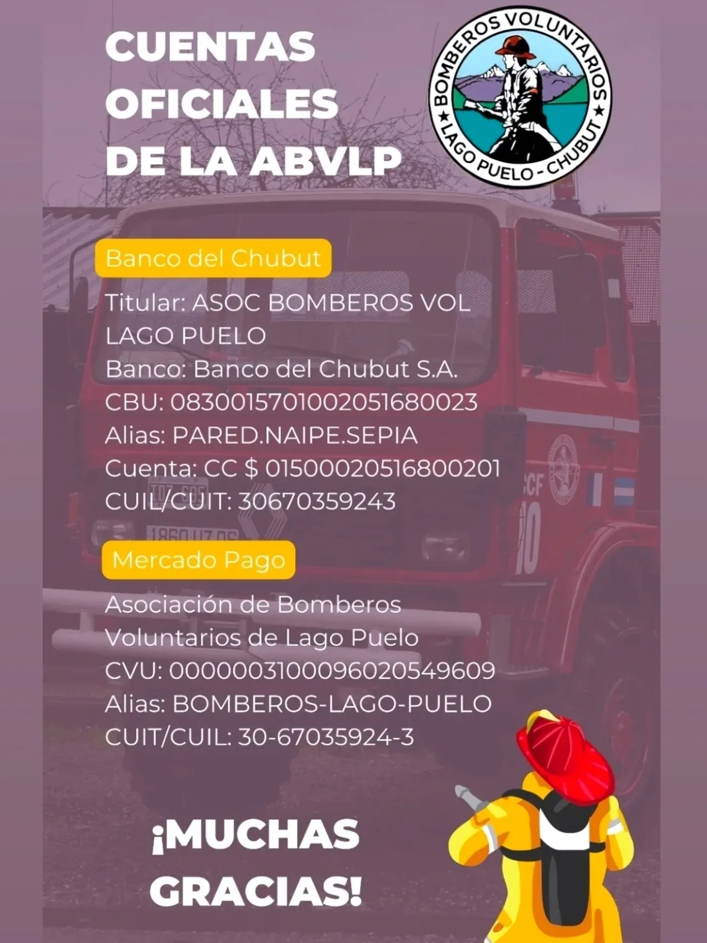 Los datos para colaborar con los Bomberos Voluntarios de Lago Puelo