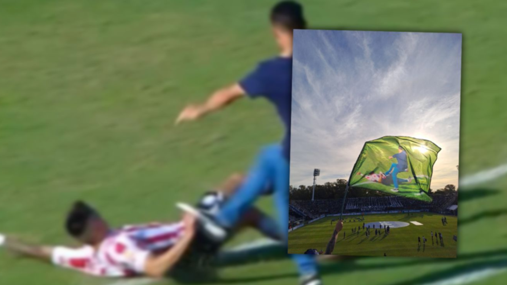 Hinchas de Gimnasia hicieron una bandera del pisotón de Chirola en el clásico