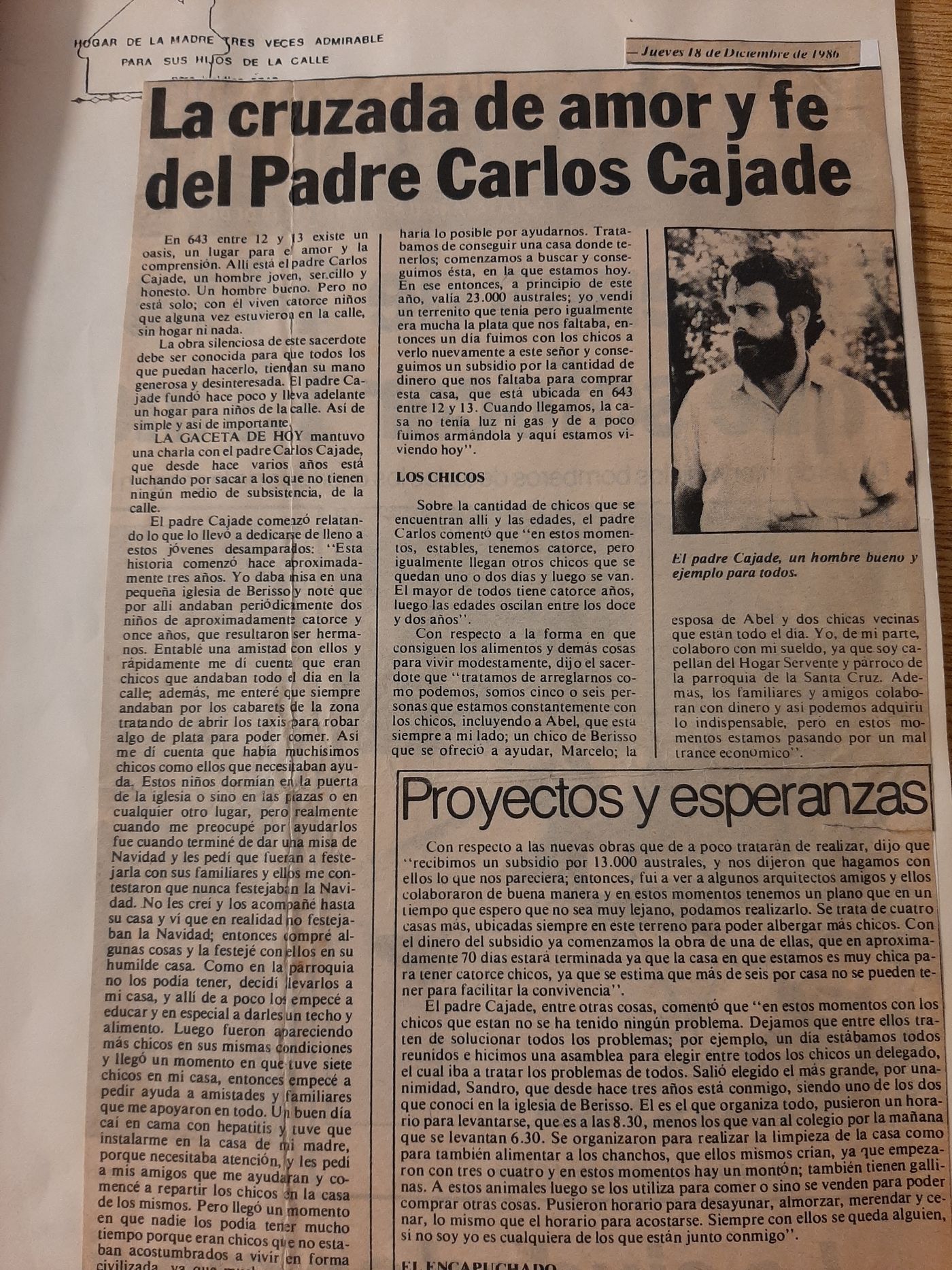 Recorte periodístico en el archivo del Hogar de Cajade. 