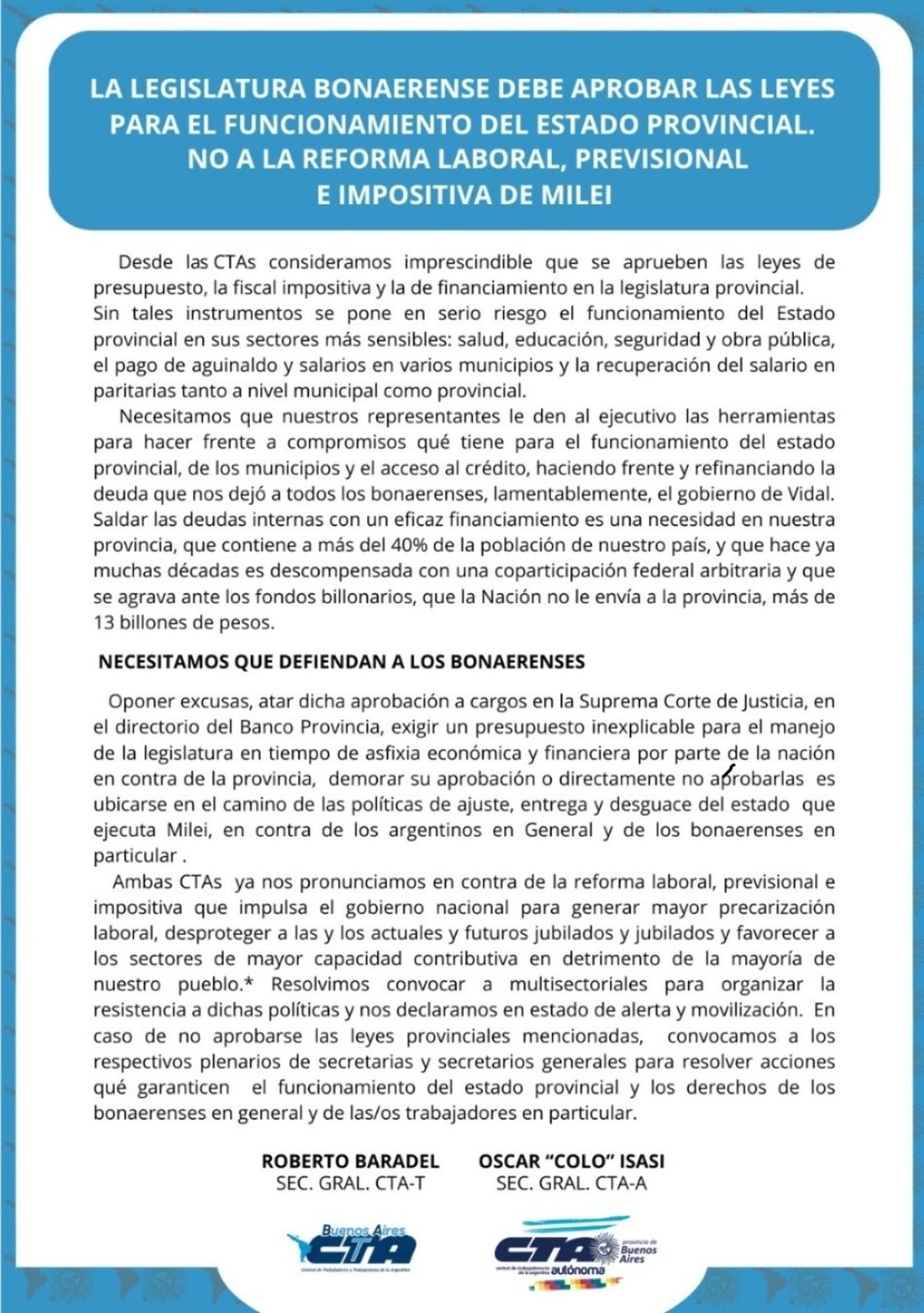 El duro comunicados de las CTAs en medio de la paralización de las paritarias y el debate por Presupuesto 2026