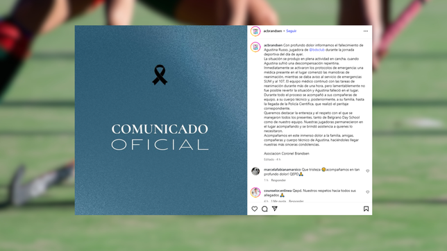 el comunicado del club brandsen tras la repentina muerte ocurrida en un partido de hockey en la plata